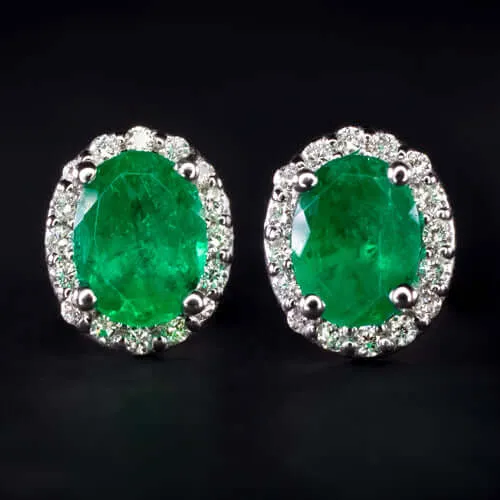 1 CARAT EMERALD DIAMOND STUD EARRINGS OVAL SHAPE CUT HALO NATURAL WHITE GOLD 1ct