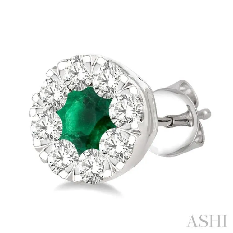 1/2 ctw Lovebright 3.3MM Emerald and Round Cut Diamond Precious Stud Earring in 14K White Gold