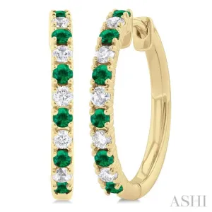 1/4 ctw Petite 1.80MM Emerald and Round Cut Diamond Precious Fashion Huggies in 10K Yellow Gold