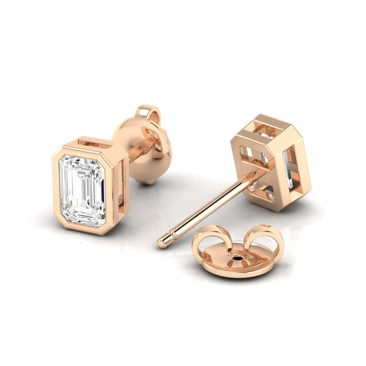 14K & 18K Gold Emerald Cut Bezel Set Diamond Stud Earrings, Lab Grown