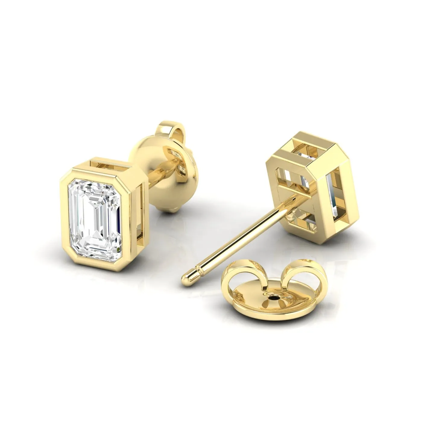 14K & 18K Gold Emerald Cut Bezel Set Diamond Stud Earrings, Lab Grown