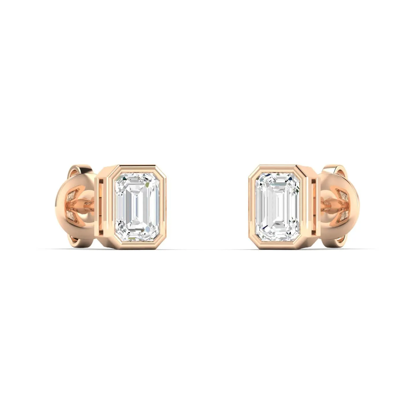 14K & 18K Gold Emerald Cut Bezel Set Diamond Stud Earrings, Lab Grown