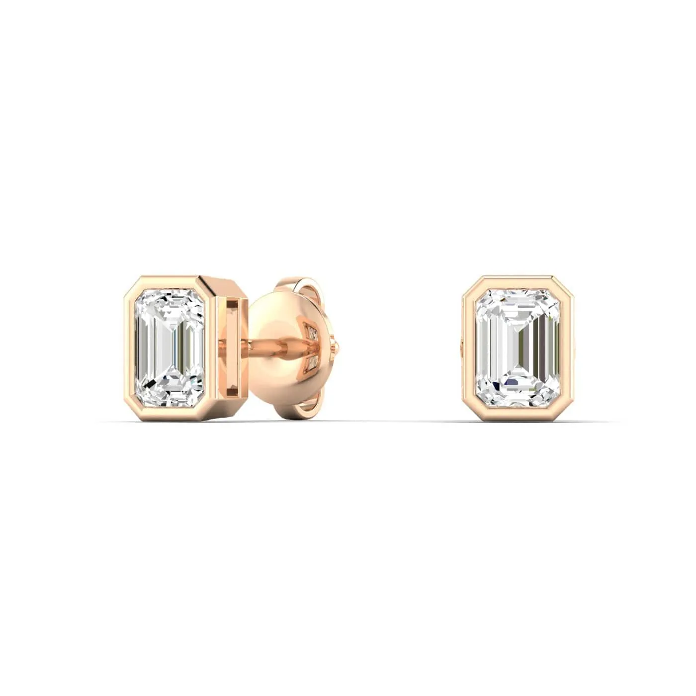 14K & 18K Gold Emerald Cut Bezel Set Diamond Stud Earrings, Lab Grown