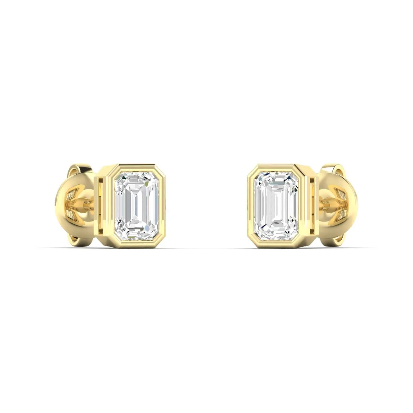 14K & 18K Gold Emerald Cut Bezel Set Diamond Stud Earrings, Lab Grown