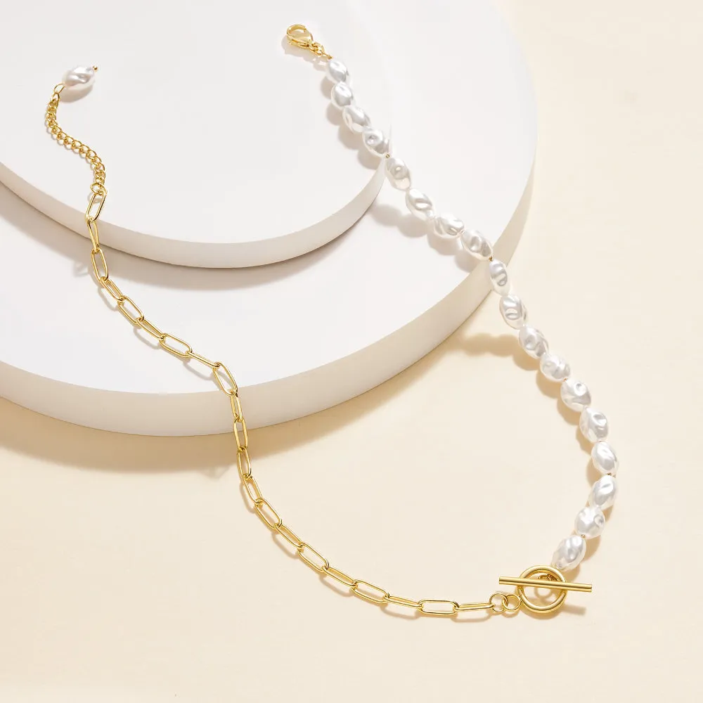 14K Gold Plated Half Pearl Half Paperclip Chunky Link Chain- Oval