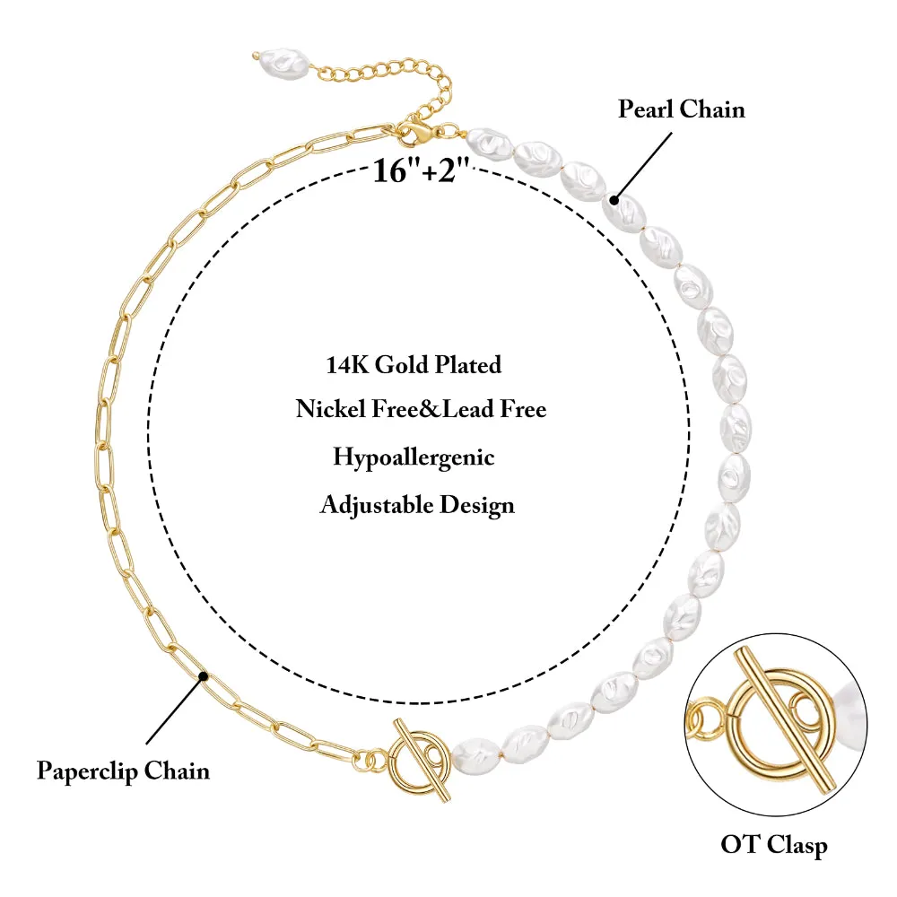 14K Gold Plated Half Pearl Half Paperclip Chunky Link Chain- Oval