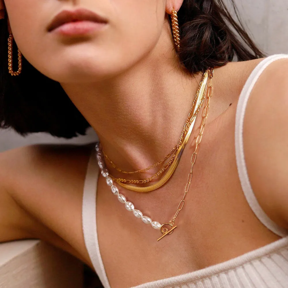 14K Gold Plated Half Pearl Half Paperclip Chunky Link Chain- Oval