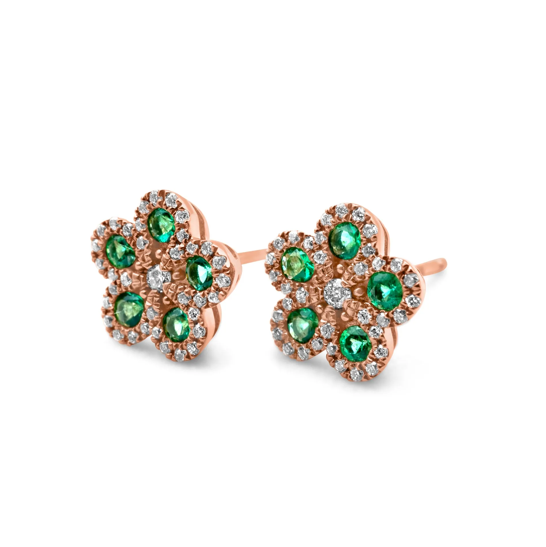 14k Rose Gold Diamond Emerald Flower Earrings