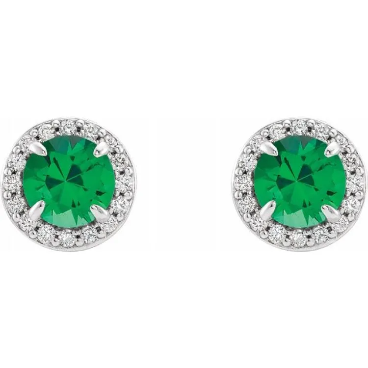 14K White 4 mm Lab-Grown Emerald & 1/10 CTW Natural Diamond Earrings