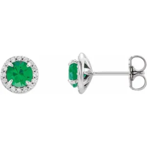 14K White 4 mm Lab-Grown Emerald & 1/10 CTW Natural Diamond Earrings