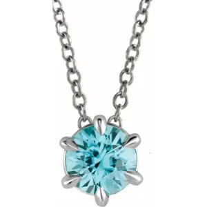 14K White 6 mm Natural Blue Zircon Solitaire 16-18" Necklace