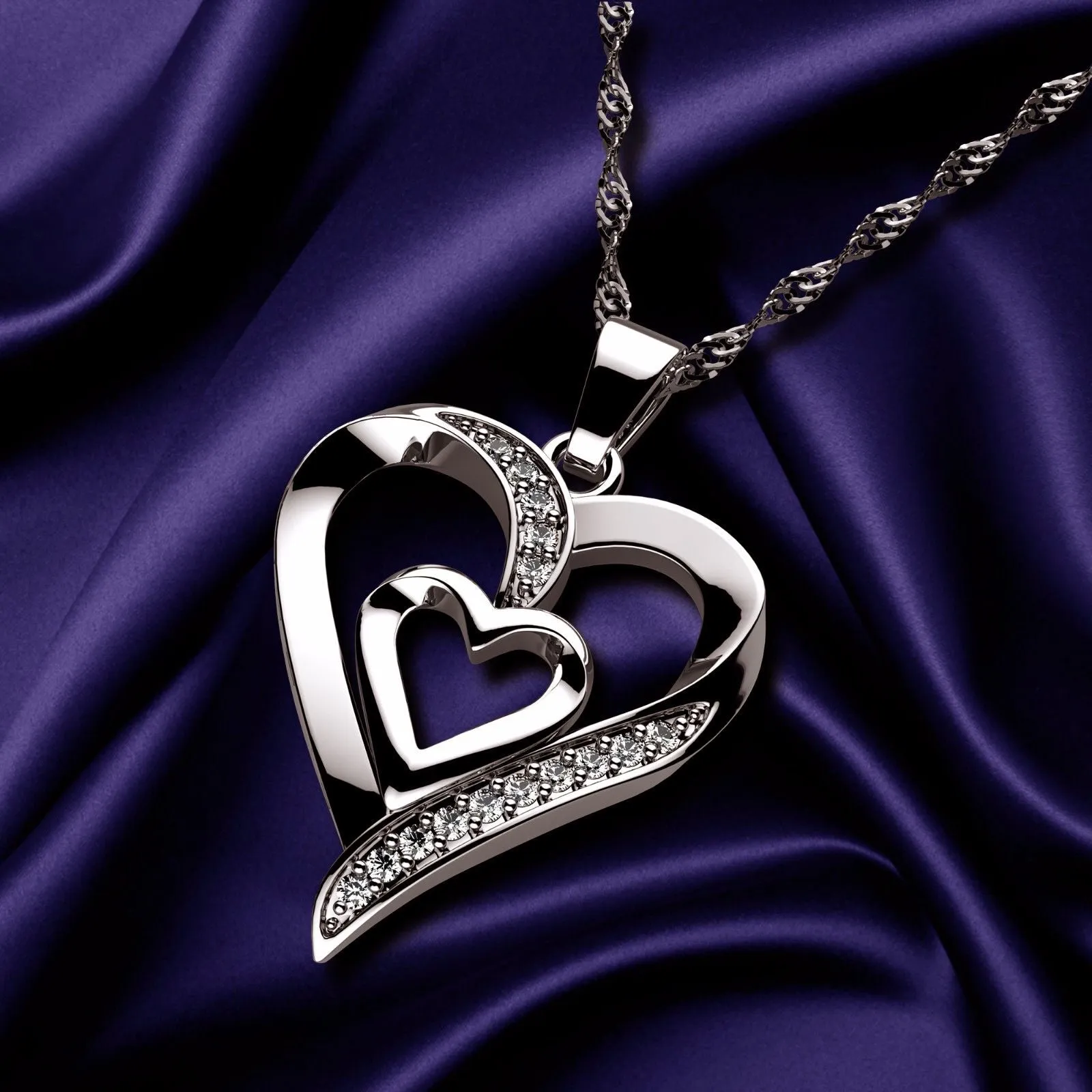 14k white gold double heart necklace - Zirconia Crystals by DEPHINI