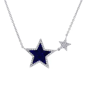 14K White Gold Star Lapis and Diamond Star Necklace