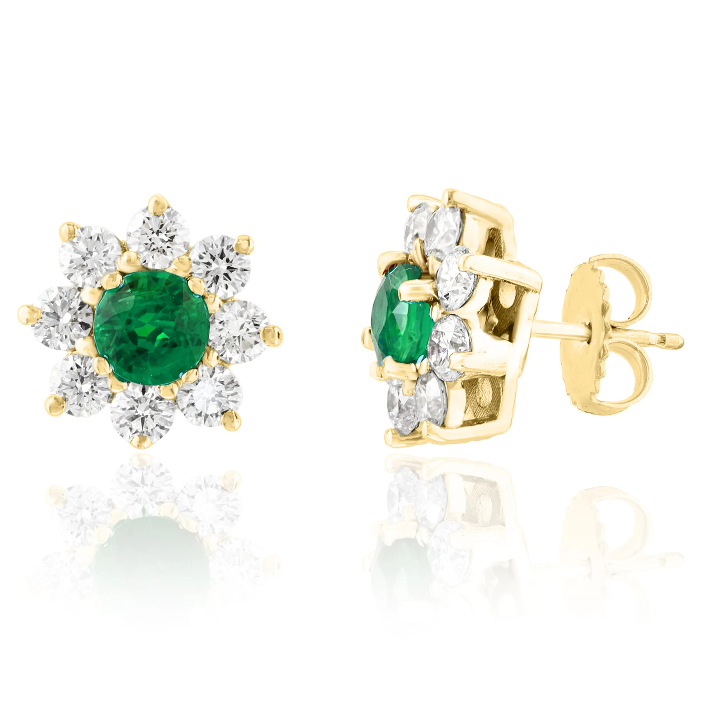 14K YELLOW GOLD EMERALD DIAMOND STUD EARRINGS