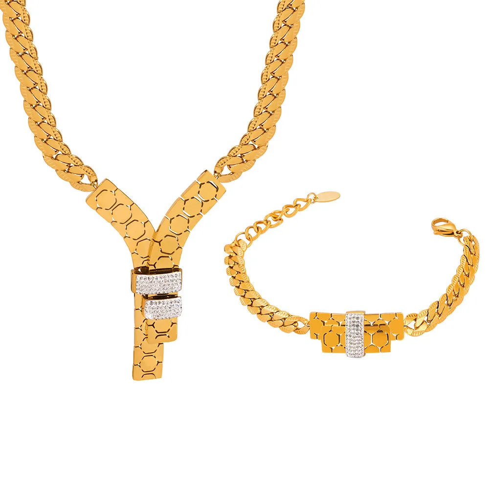 18K gold fashionable letter Y inlaid with zircon design necklace and bracelet set