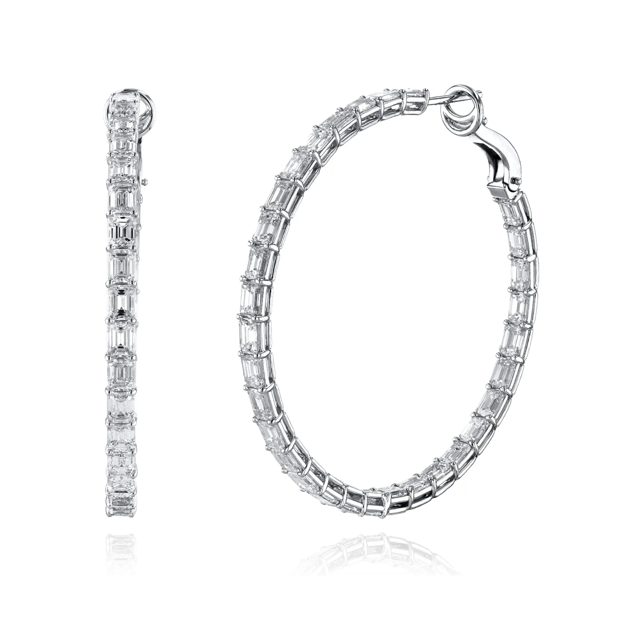 18K WHITE GOLD EMERALD-CUT DIAMOND HOOP EARRINGS - 8.44CTW