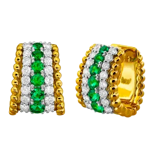 18K Yellow & White Emerald and Natural Diamond Huggie Earrings