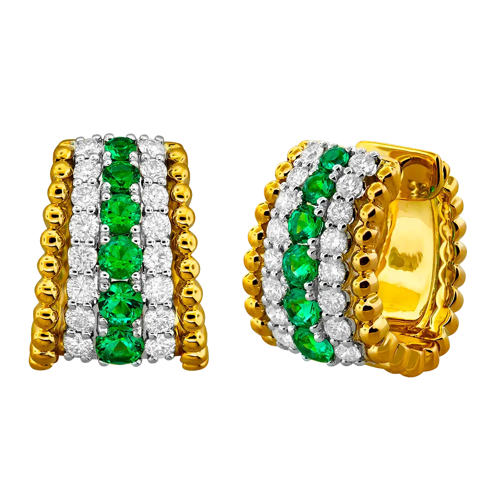 18K Yellow & White Emerald and Natural Diamond Huggie Earrings