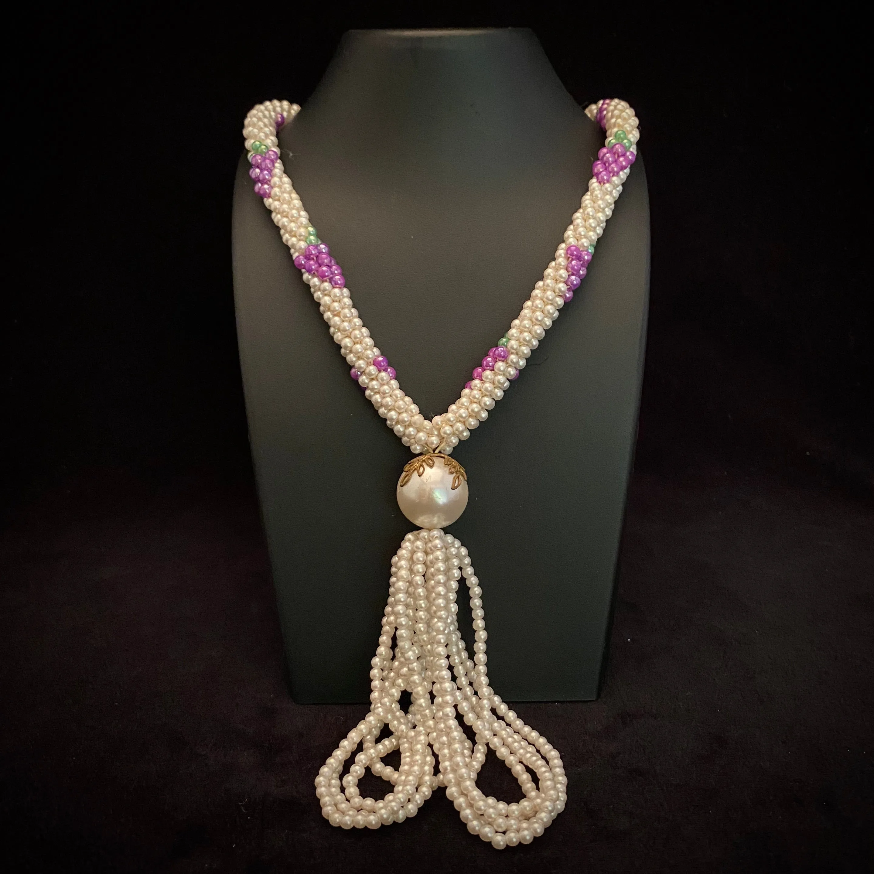 1960s Woven Pearl Bead Necklace With Tassel