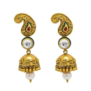 22K Yellow Gold Jhumki Drop Earrings W/ Ruby, Emerald, Kundan & Mango Accents in Antique Finish