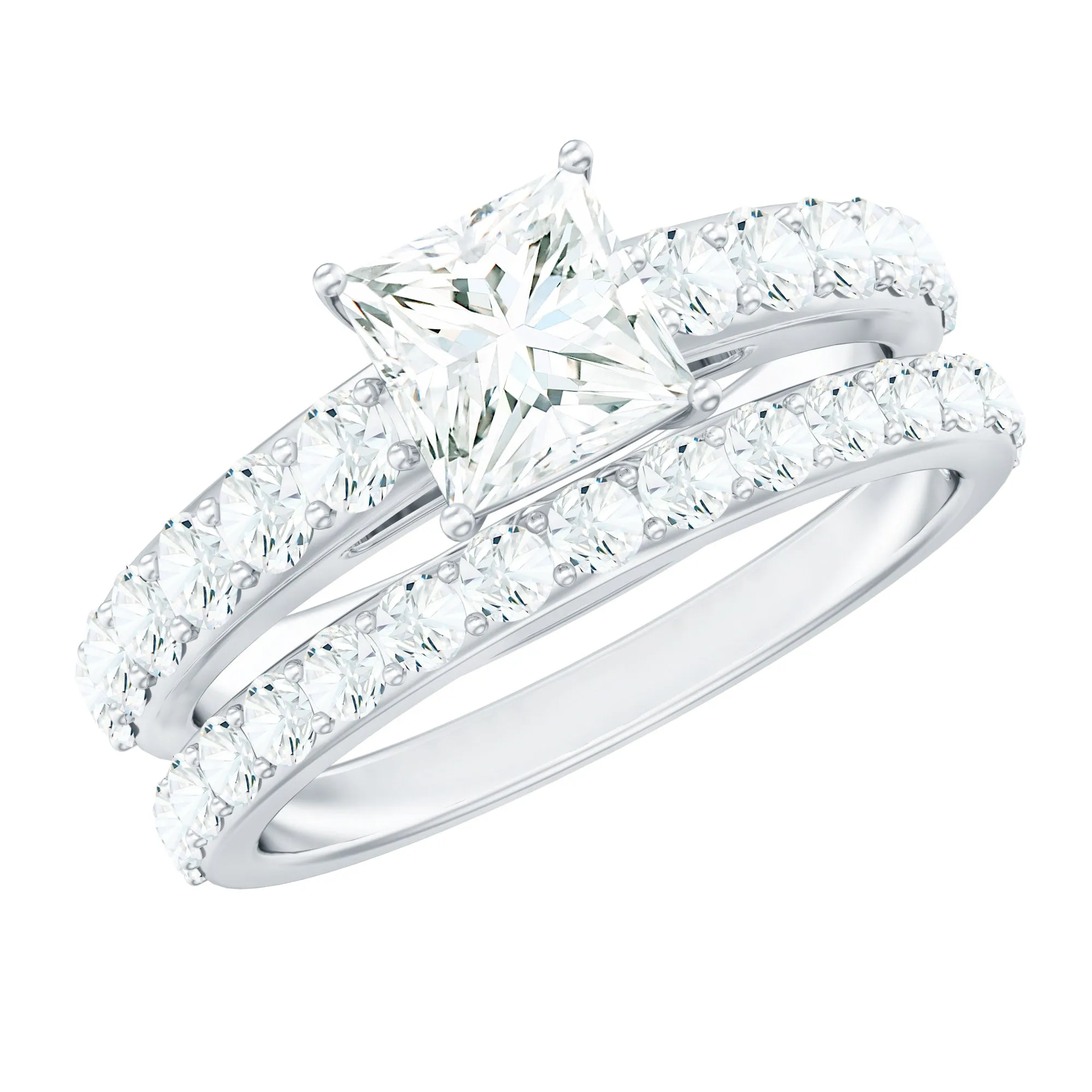 2.50 CT Princess Cut Solitaire Moissanite Ring Set with Wedding Band