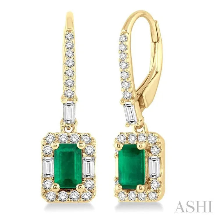 5x3 MM Octagon Cut Emerald and 1/2 Ctw Round Cut Diamond Earrings in 14K Yellow Gold