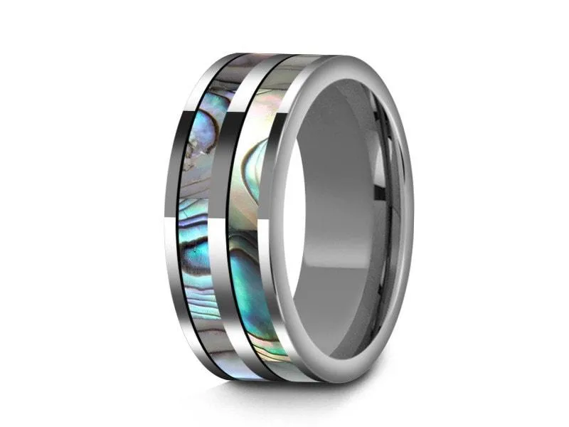 8MM Abalone Shell Tungsten Wedding Band FLAT AND GRAY INTERIOR