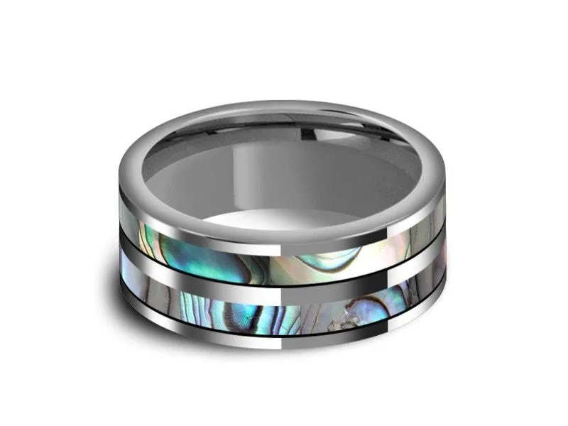 8MM Abalone Shell Tungsten Wedding Band FLAT AND GRAY INTERIOR