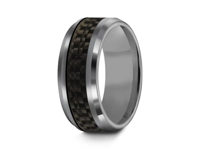 8MM BLACK CARBON FIBER INLAY TUNGSTEN WEDDING BAND  AND GRAY GUNMETAL INTERIOR