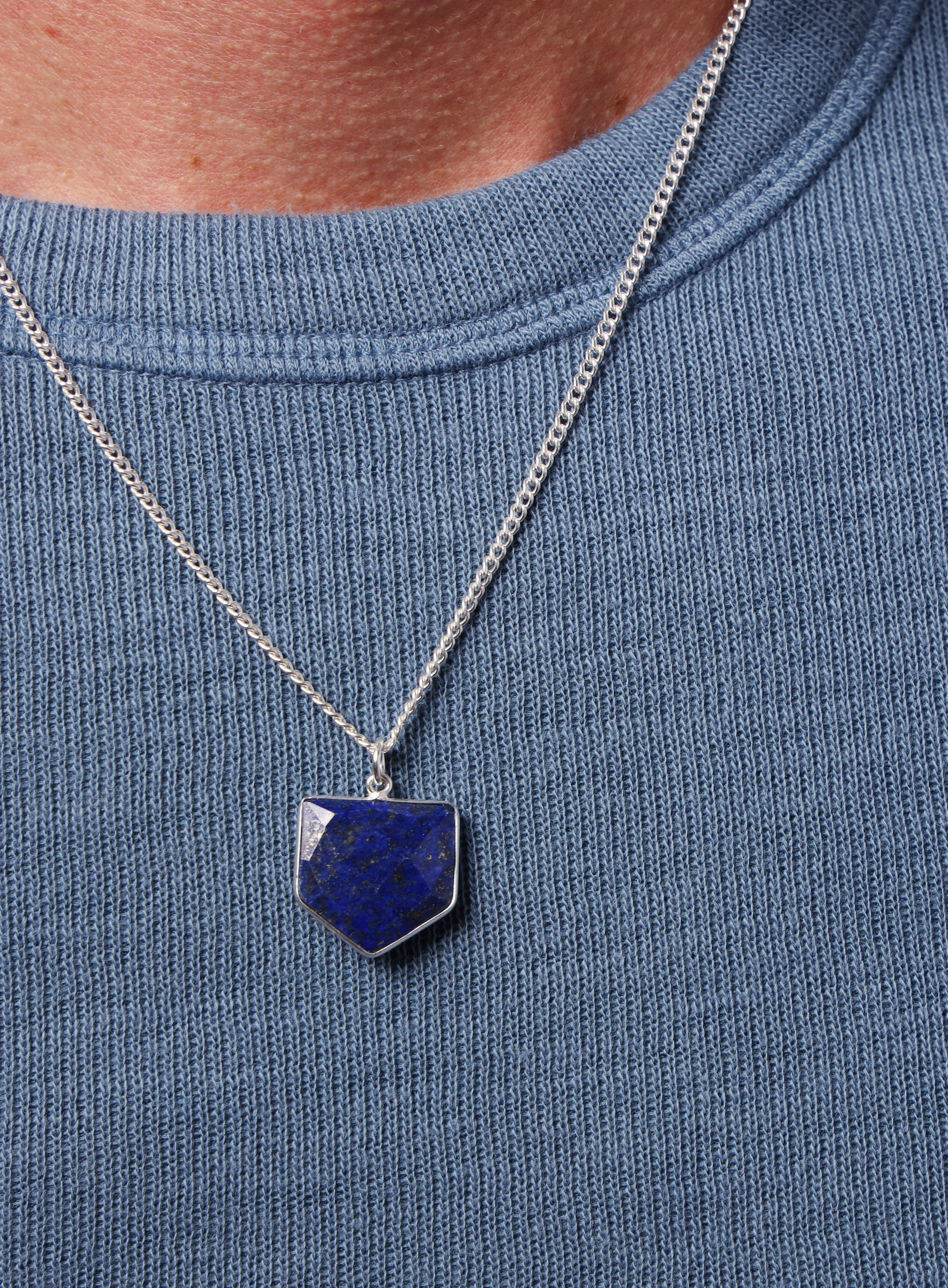 925 Sterling Shield Shape Genuine Lapis Lazuli Pendant Necklace