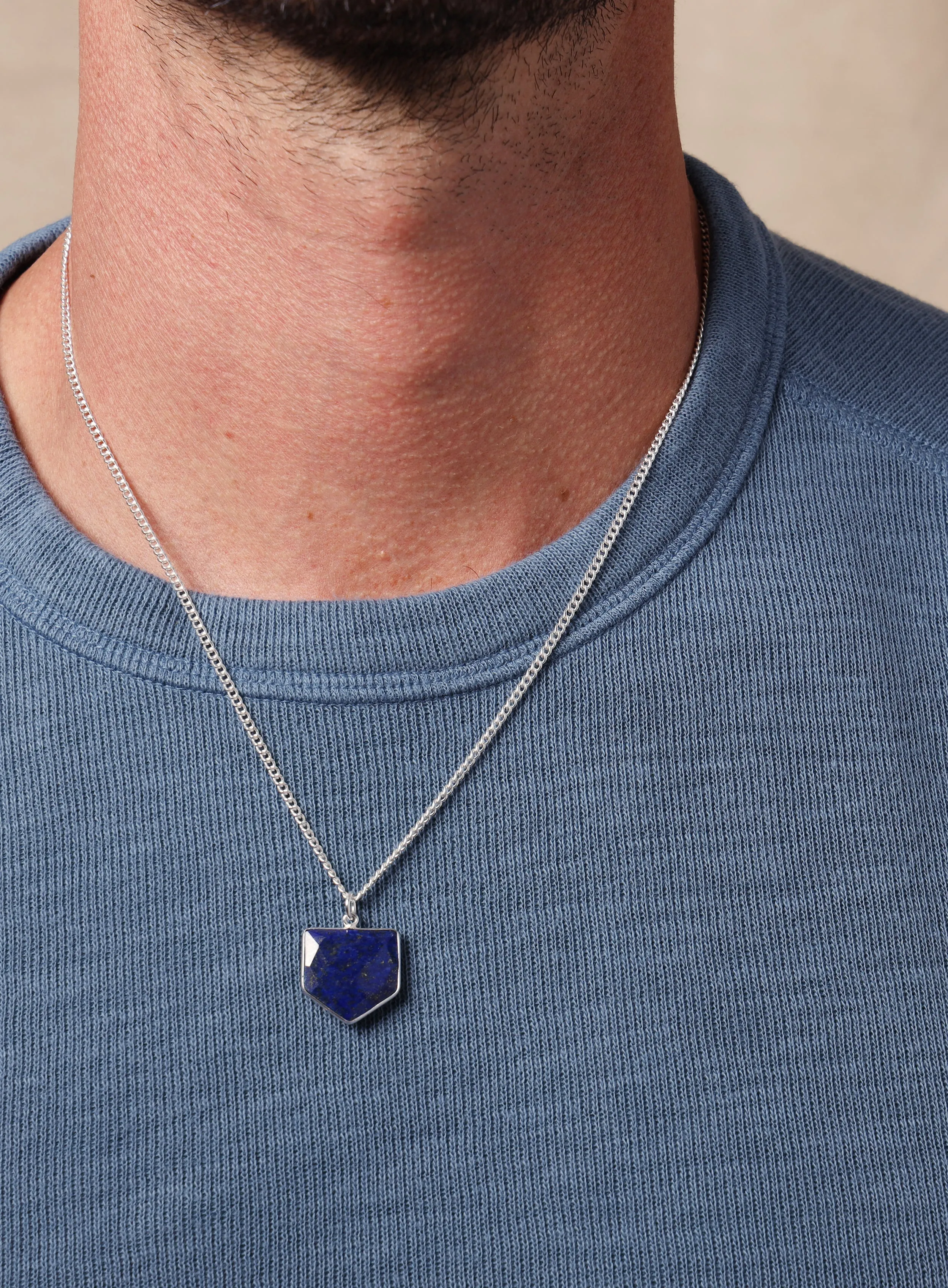 925 Sterling Shield Shape Genuine Lapis Lazuli Pendant Necklace