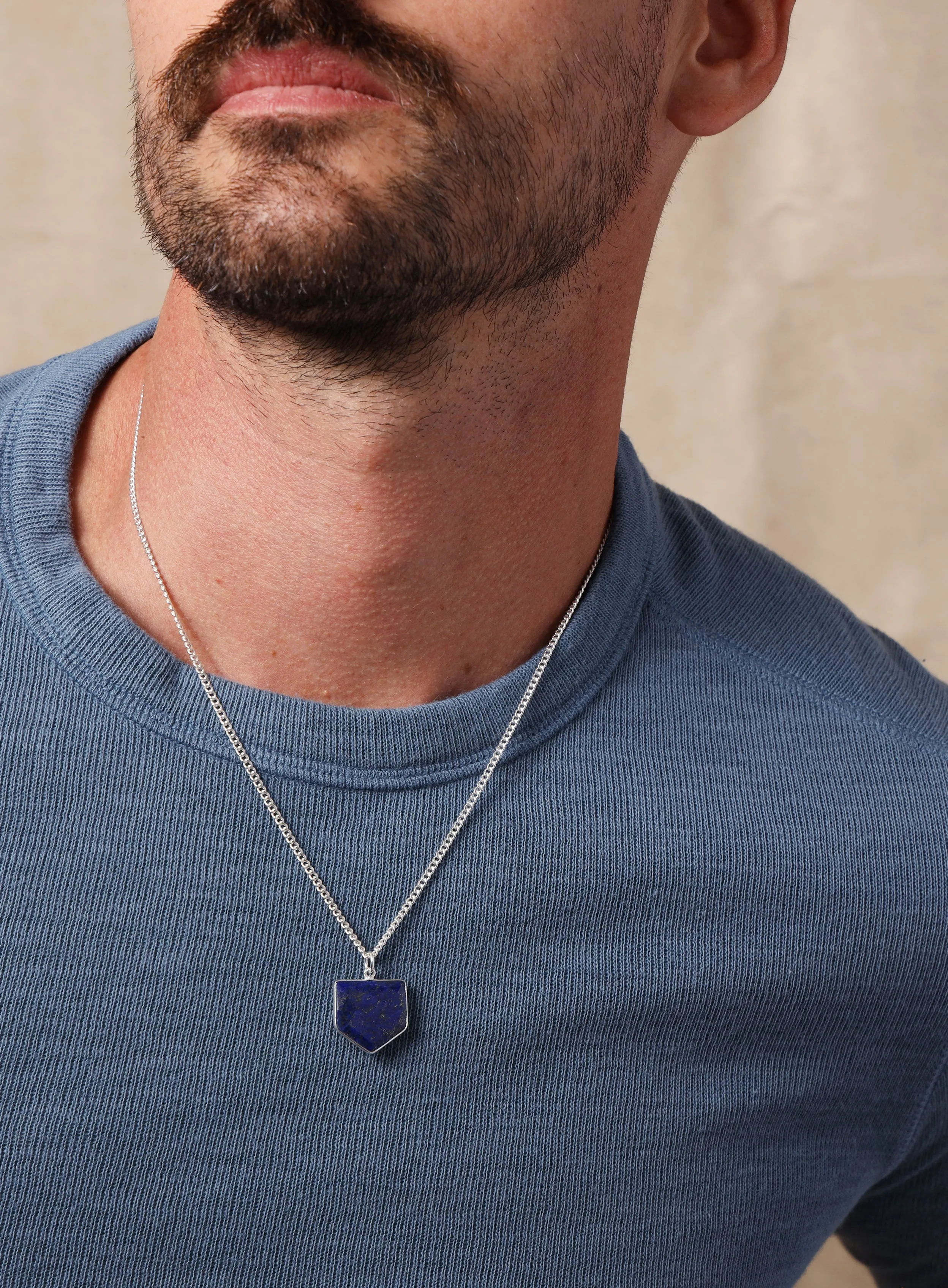 925 Sterling Shield Shape Genuine Lapis Lazuli Pendant Necklace