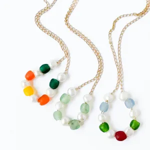 Adjustable Recycled Beads and Freshwater Pearls Necklace