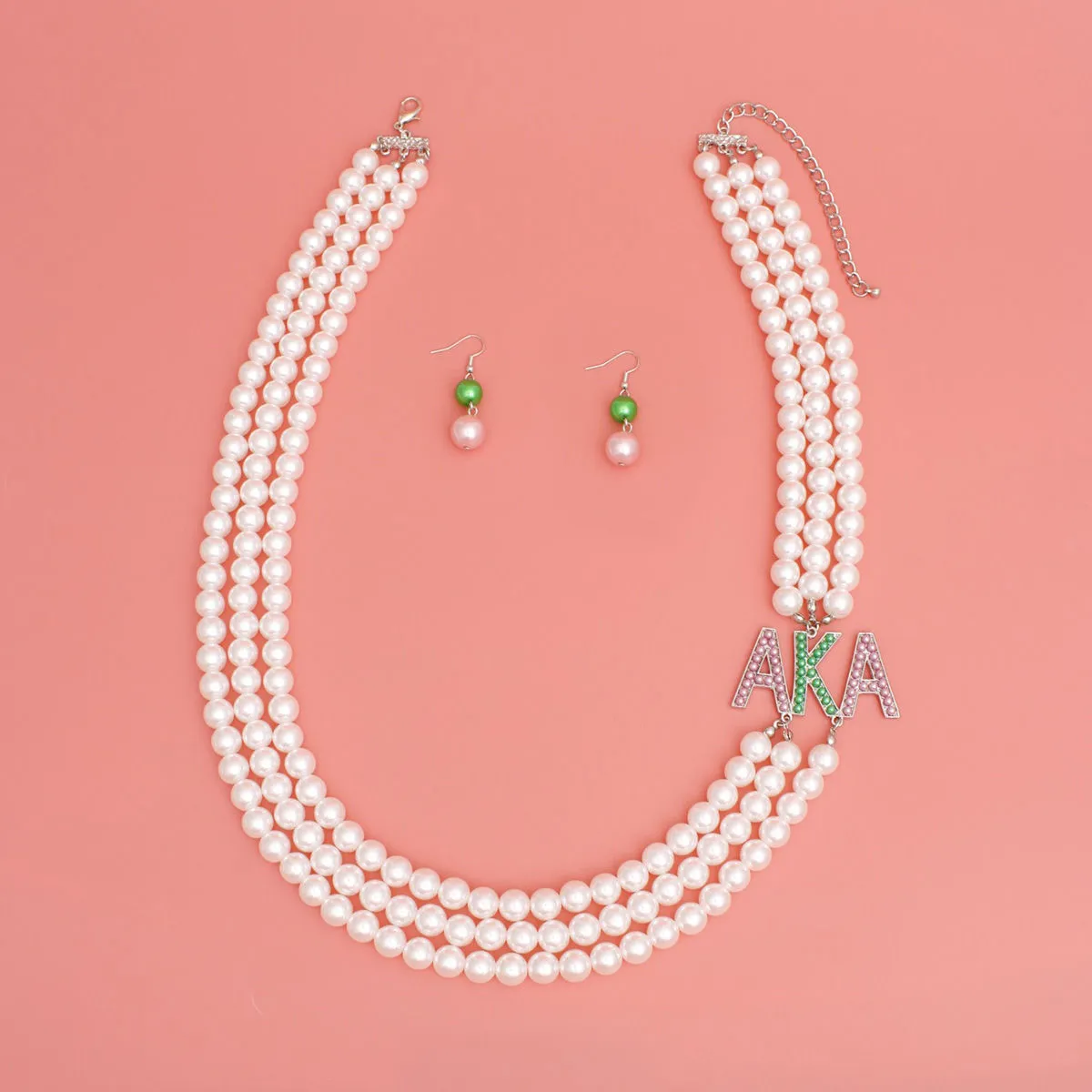 AKA Sorority Inspired White Long 3 Row Brooch Necklace