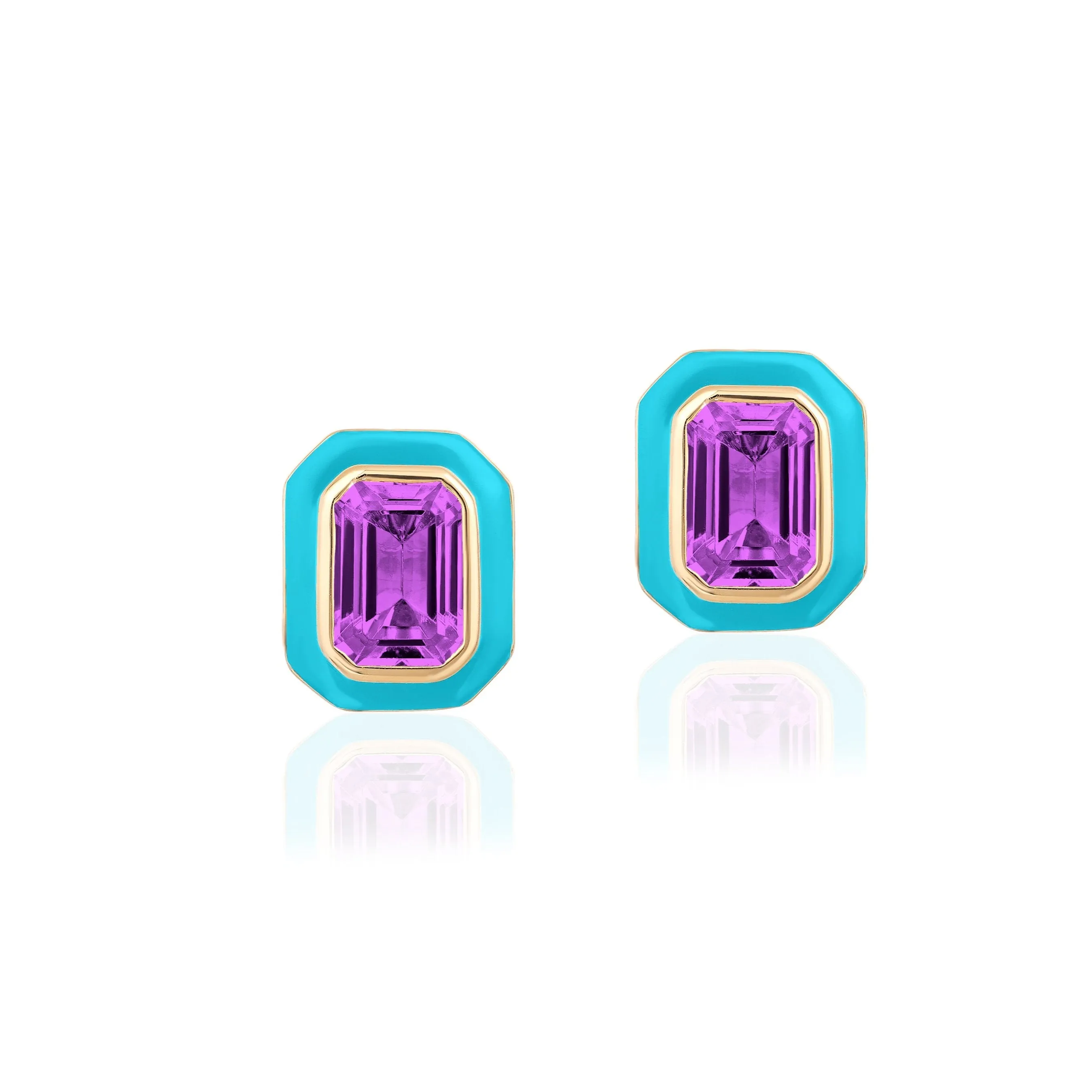 Amethyst Emerald Cut Stud Earrings with Turquoise Enamel