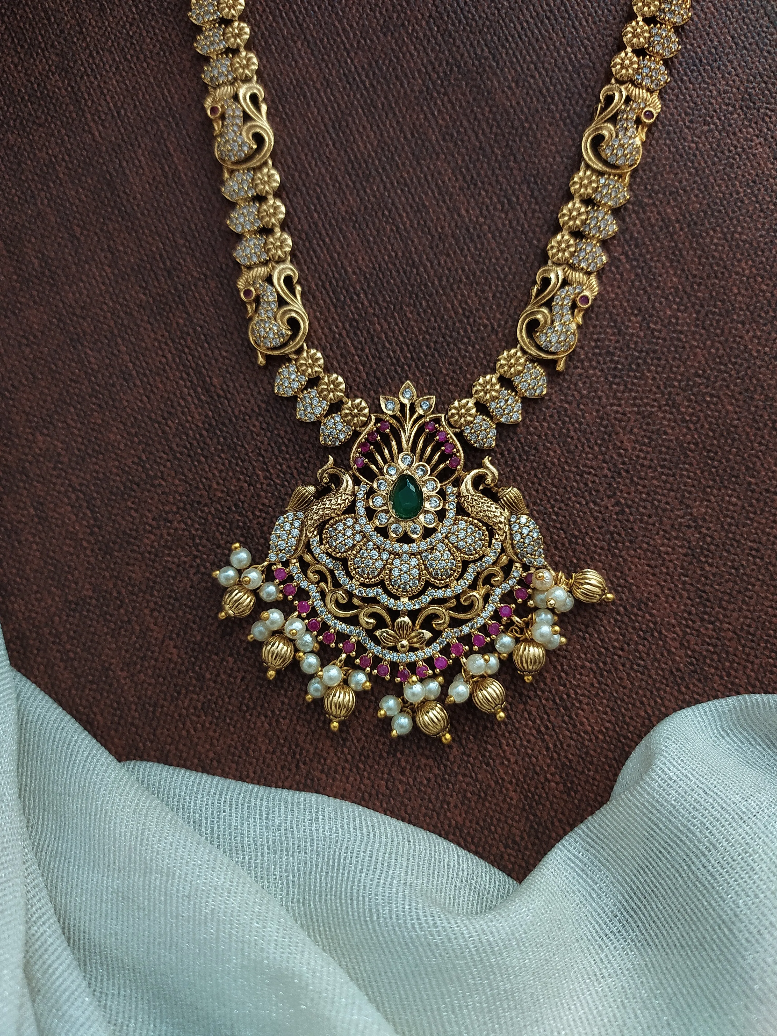 Antique Long Haram Set with Zircon Stones & Pearl Drops