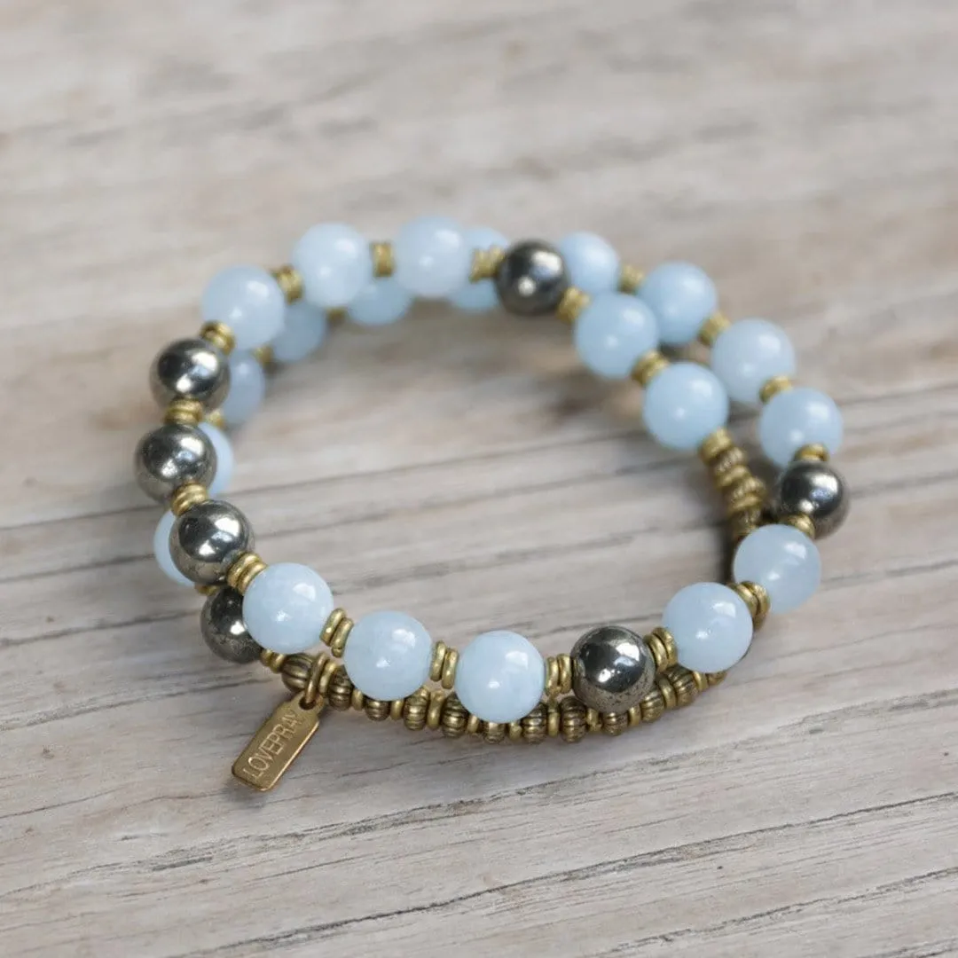 Aquamarine and Pyrite Mala Bracelet for Communication and Confidence