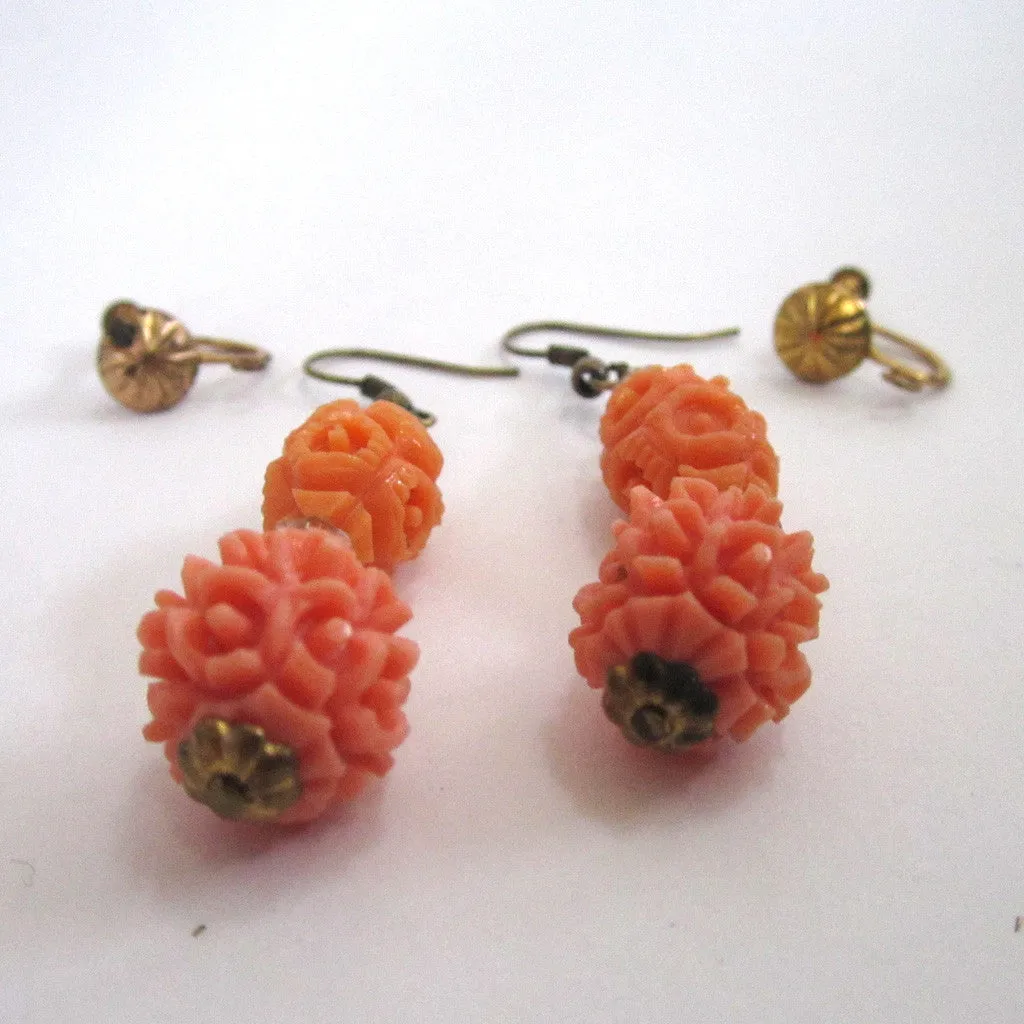 Art Deco Plastic Coral Bead Earrings