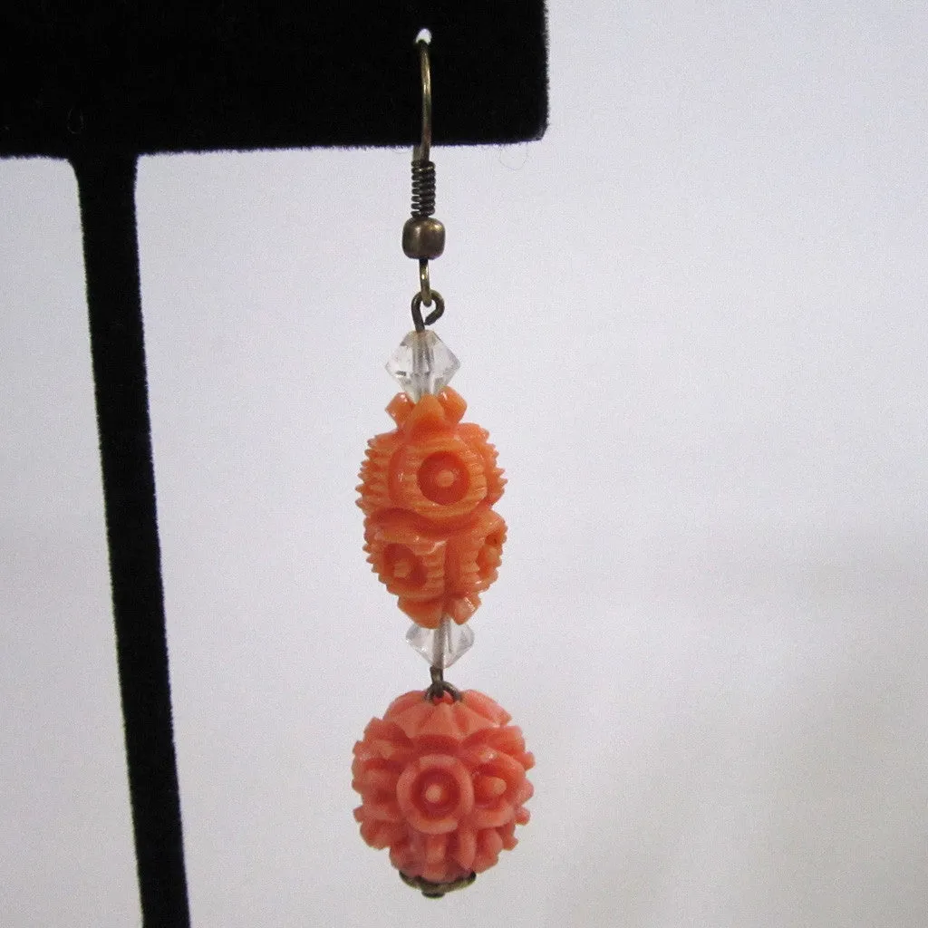 Art Deco Plastic Coral Bead Earrings