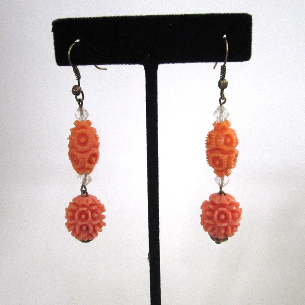 Art Deco Plastic Coral Bead Earrings