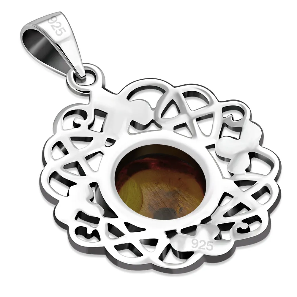 Baltic Amber Celtic Knot Shamrock leaves Silver Pendant