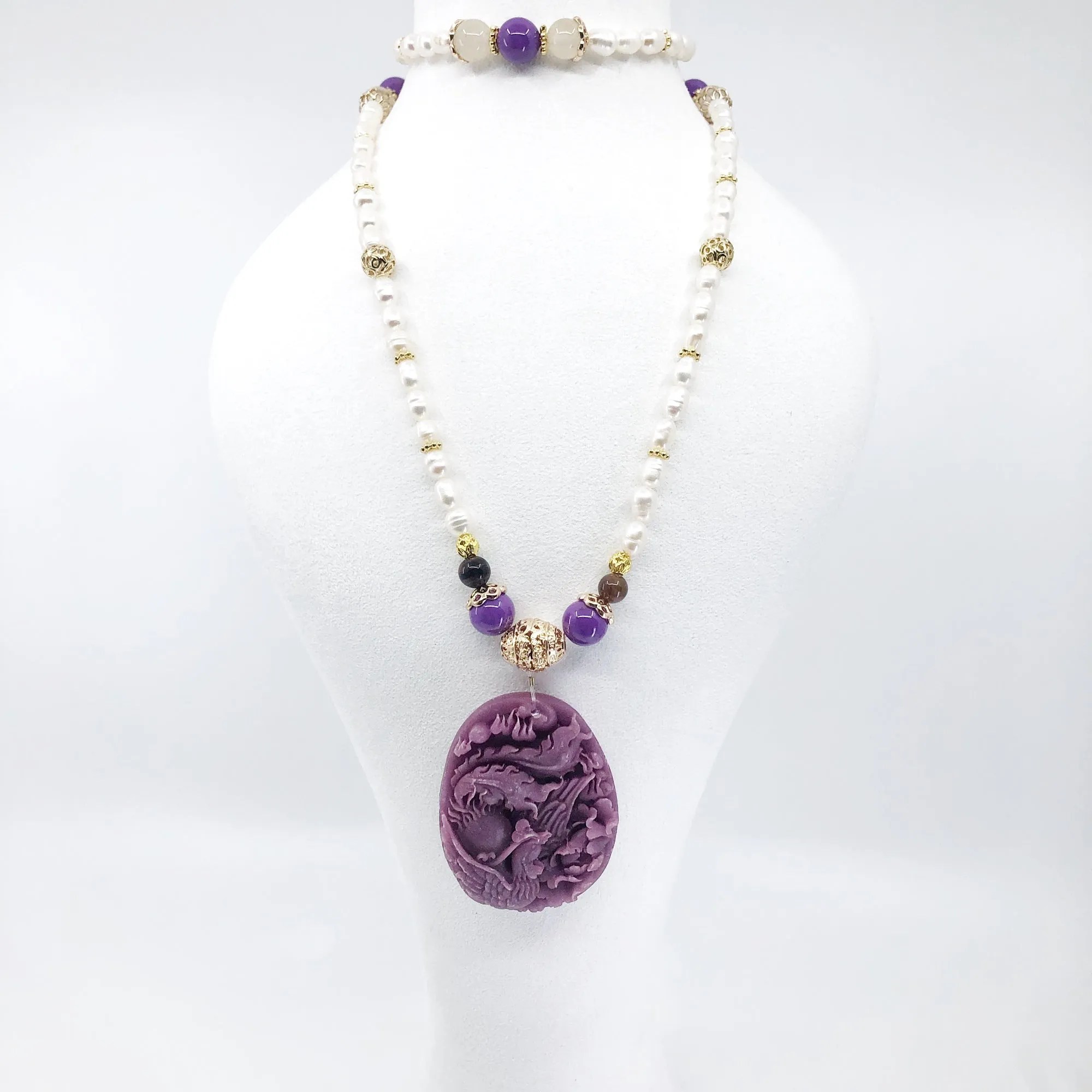 Beaded Long Pearl Necklace with Phoenix Pendant