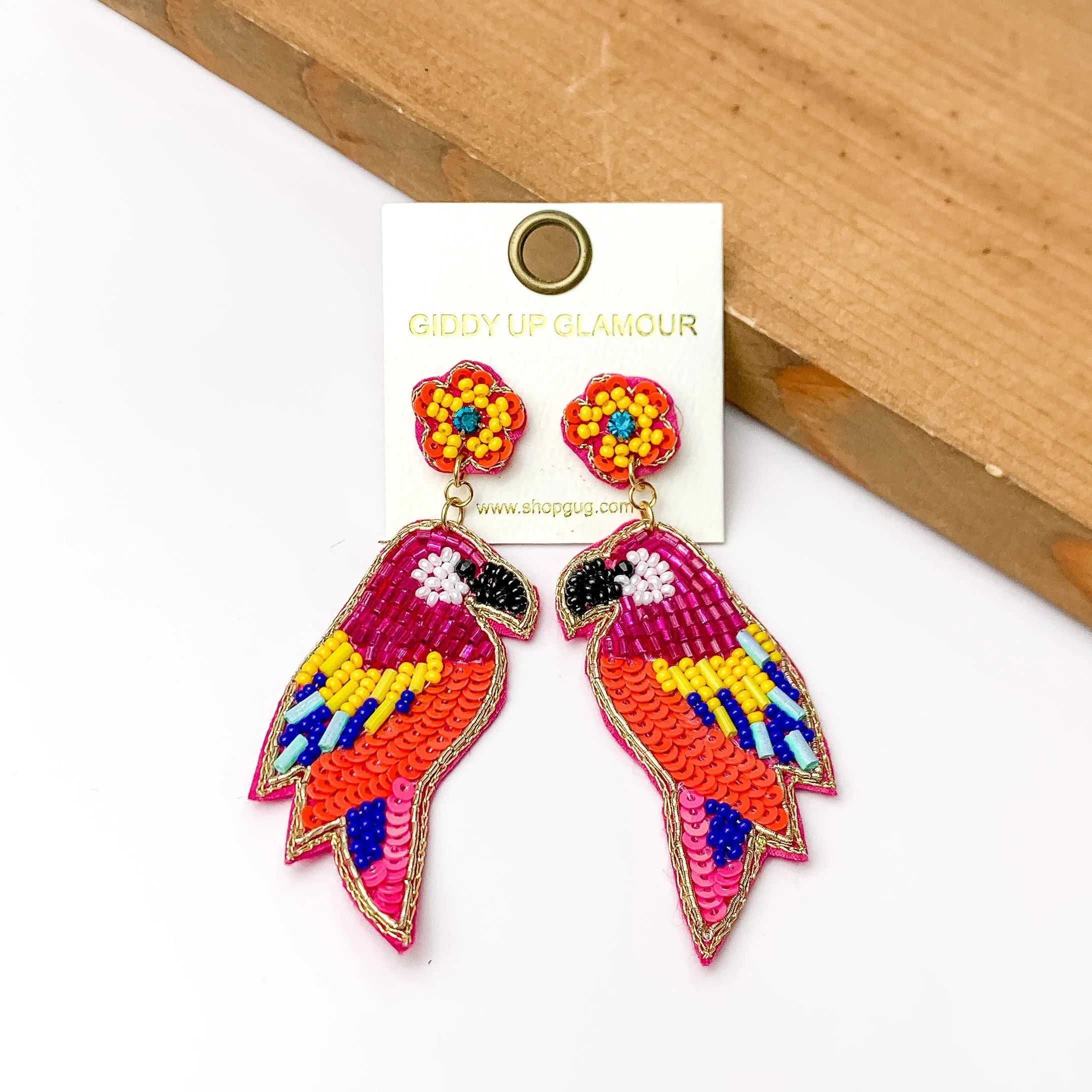 Beaded Parrot Earrings in Hot Pink