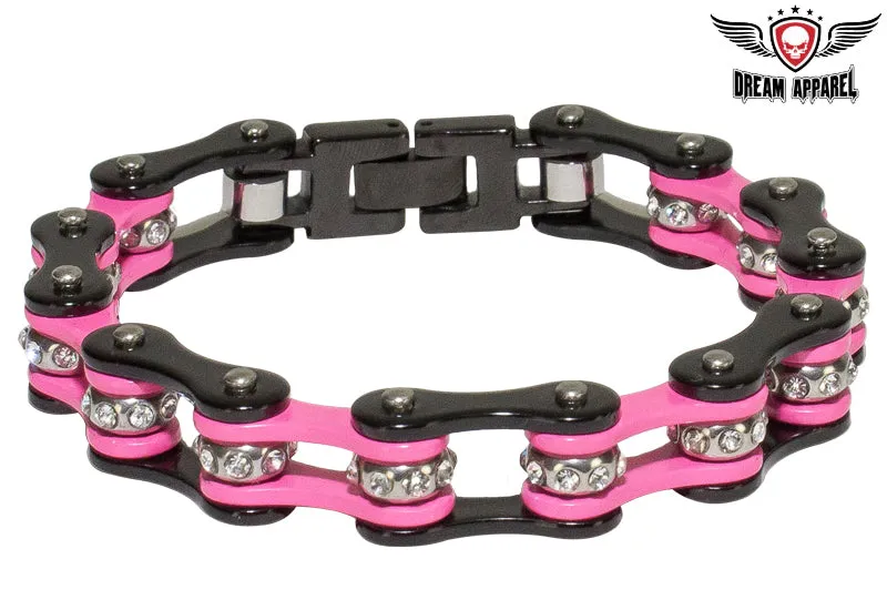 Black and Pink Motorcycle Chain Bracelet with Gemstones