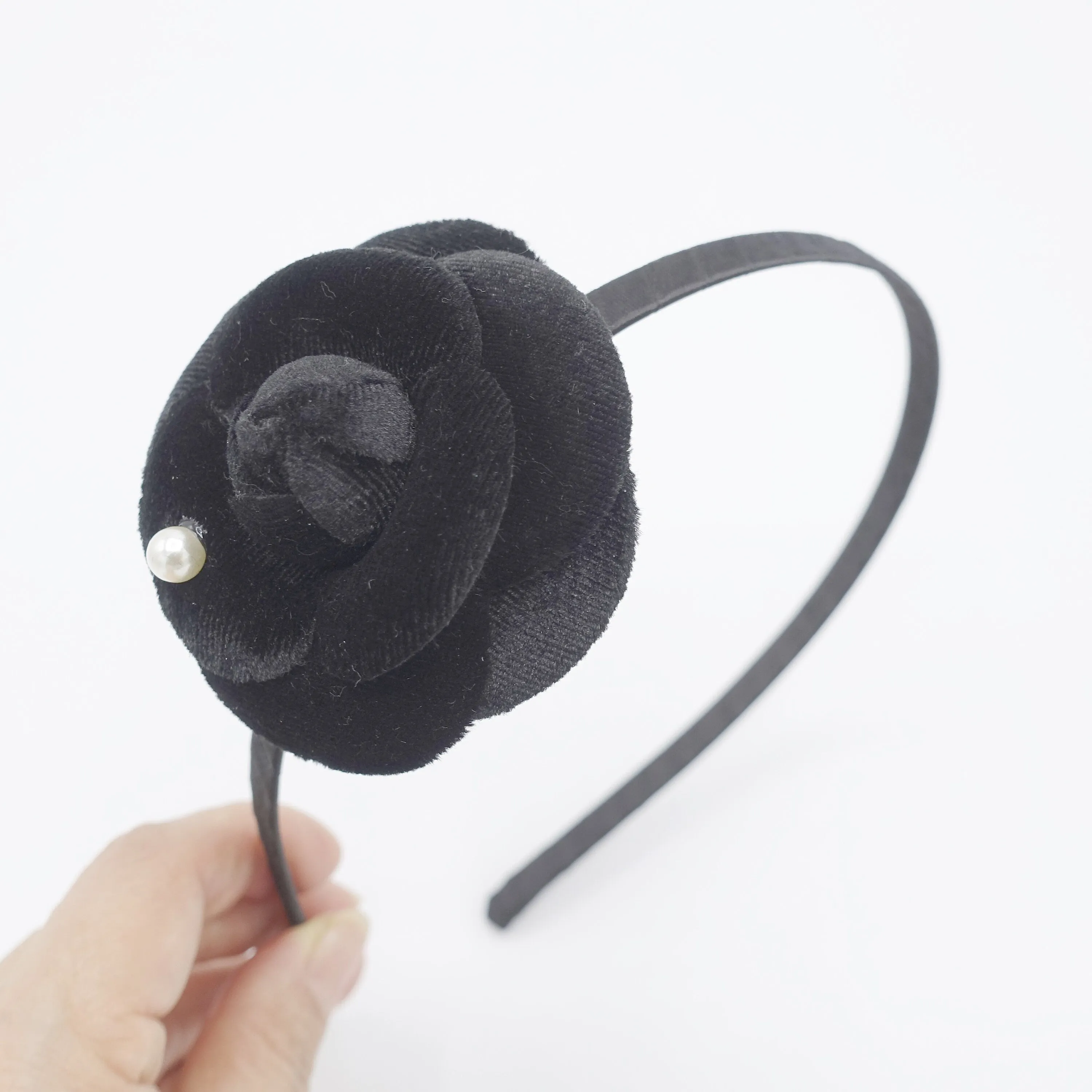 black camellia headband thin velvet leather flower headband nd for women