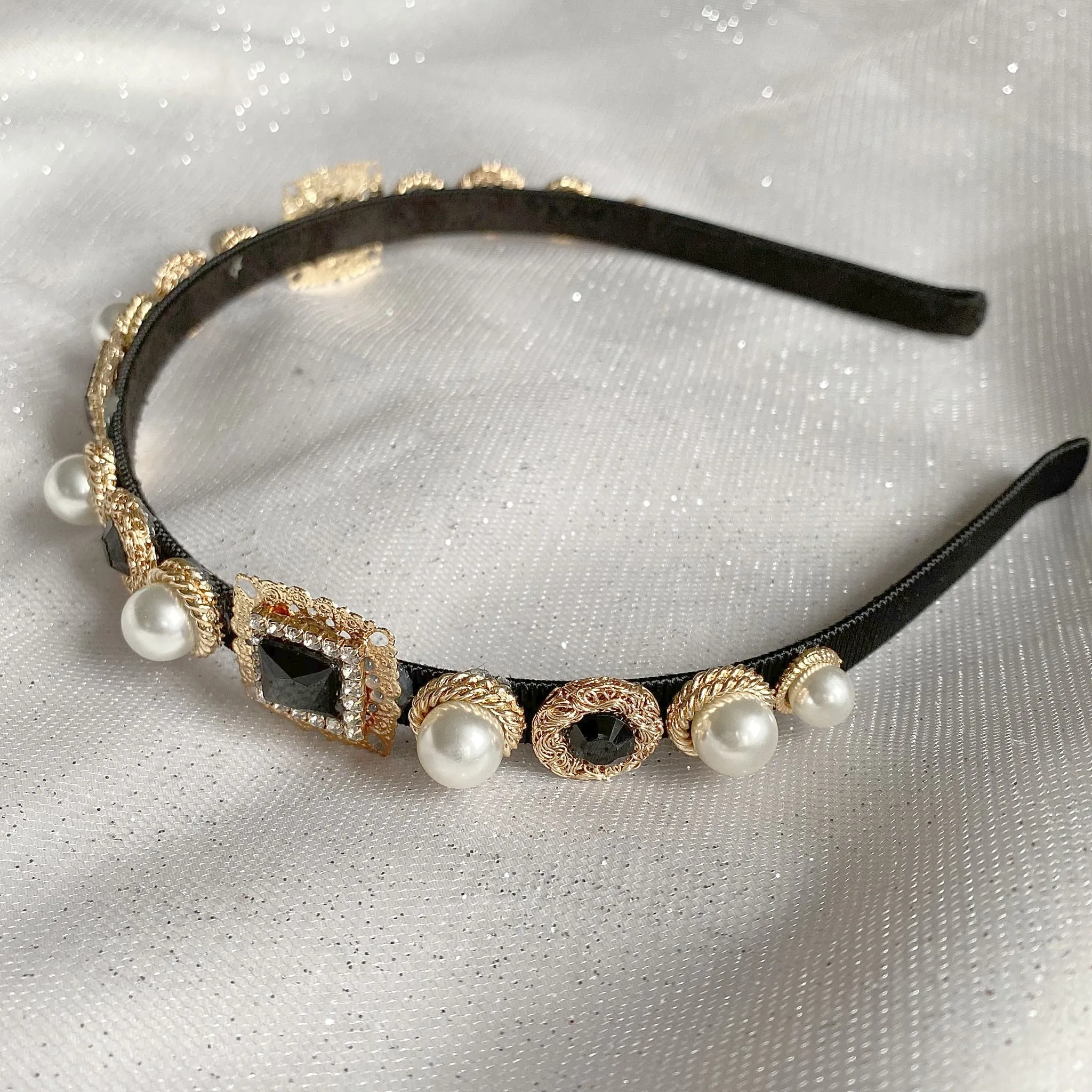 Black Headband with Pearls