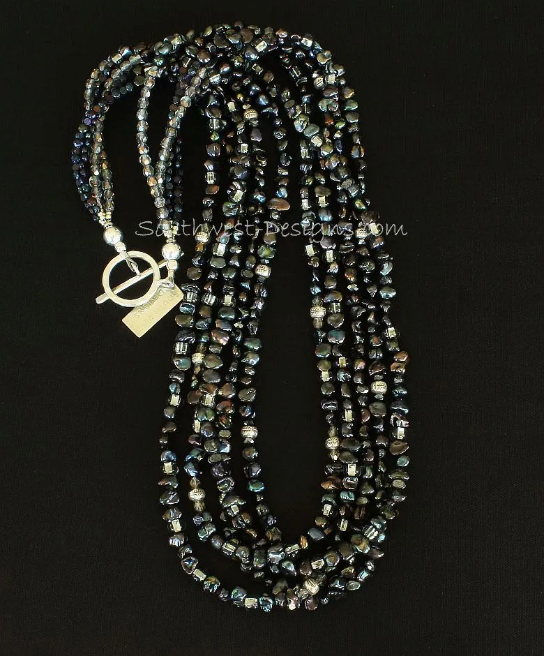 Black Keshi Pearl 5-Strand Necklace with Antique Czech Nailheads, Fire Polished Glass, Metallic Black Crystal Bicones, and Sterling Silver Beads and Toggle Clasp