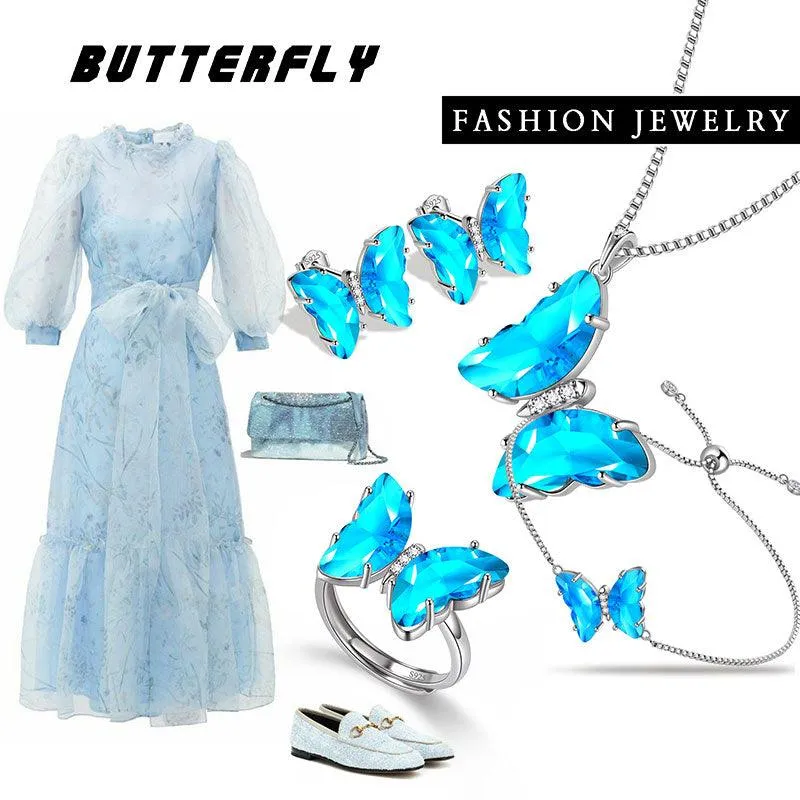 Blue Butterfly Jewelry Set 5PCS March Aquamarine Birthstone Women Girls Birthday Gifts