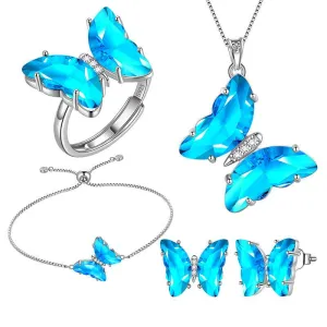 Blue Butterfly Jewelry Set 5PCS March Aquamarine Birthstone Women Girls Birthday Gifts