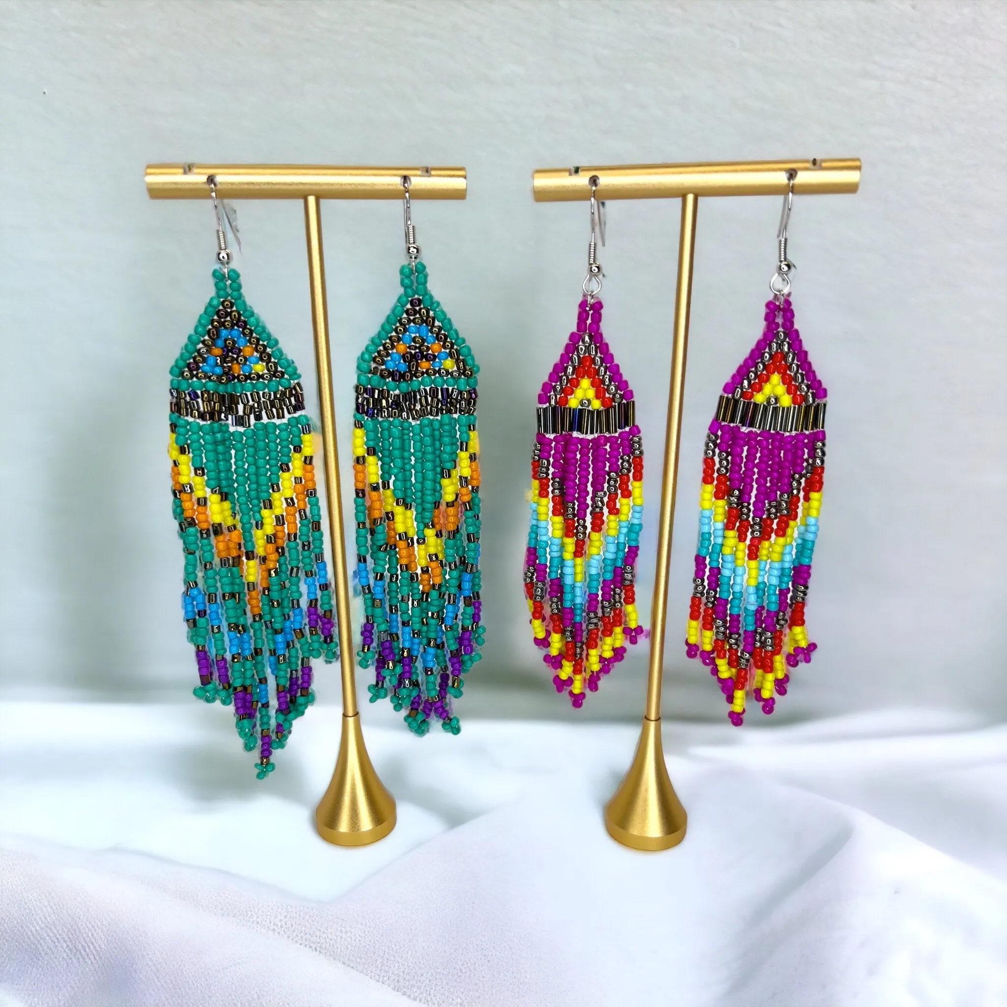 Boho Beaded Earrings - Boho Earrings, Bohemian Style, Hot Pink, Beaded Accessories, Handmade Jewelry, Blue Green